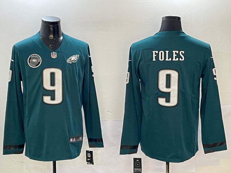 Men Philadelphia Eagles #9 Foles green long sleeve 2025 Nike NFL jersey style 01